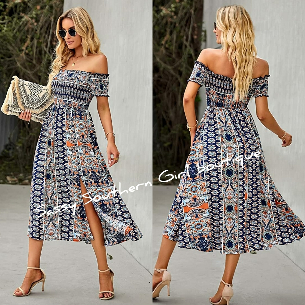 🆕⭐ Boho off shoulder smocked dress
